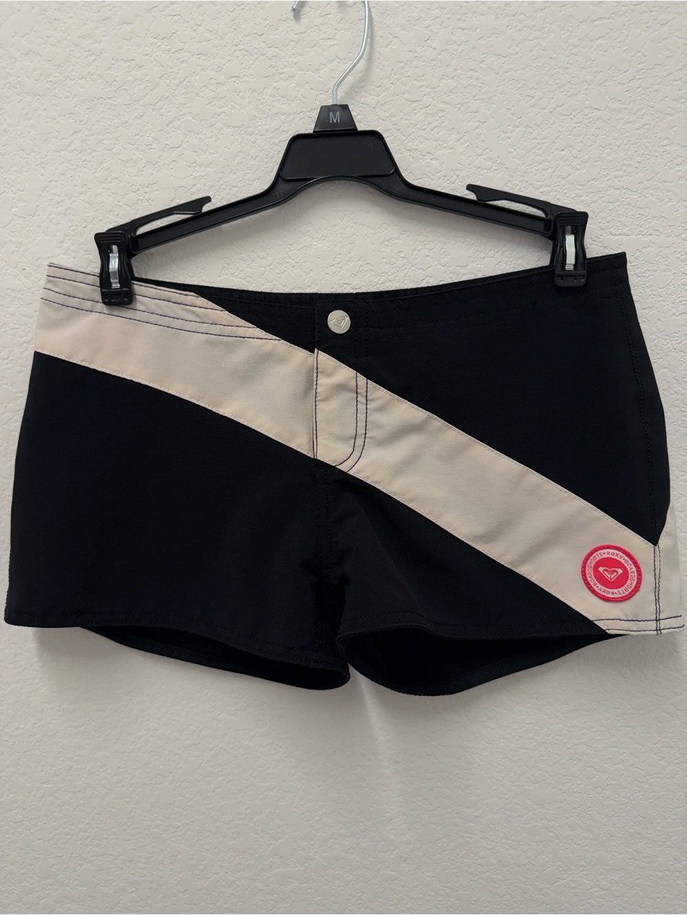 Vintage Roxy Y2K Board Shorts Medium Low Rise Black Diagonal Striped